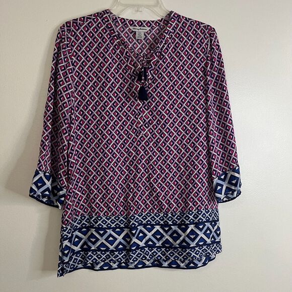 Tommy Bahama Tops - Tommy Bahama Tunic Blouse 3/4 Sleeve Geometric Pink Blue Sz S Women's